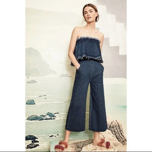 J.O.A. Anthropologie Off The Shoulder Crop Wide Leg Raw Denim Jean Jumpsuit sz.S